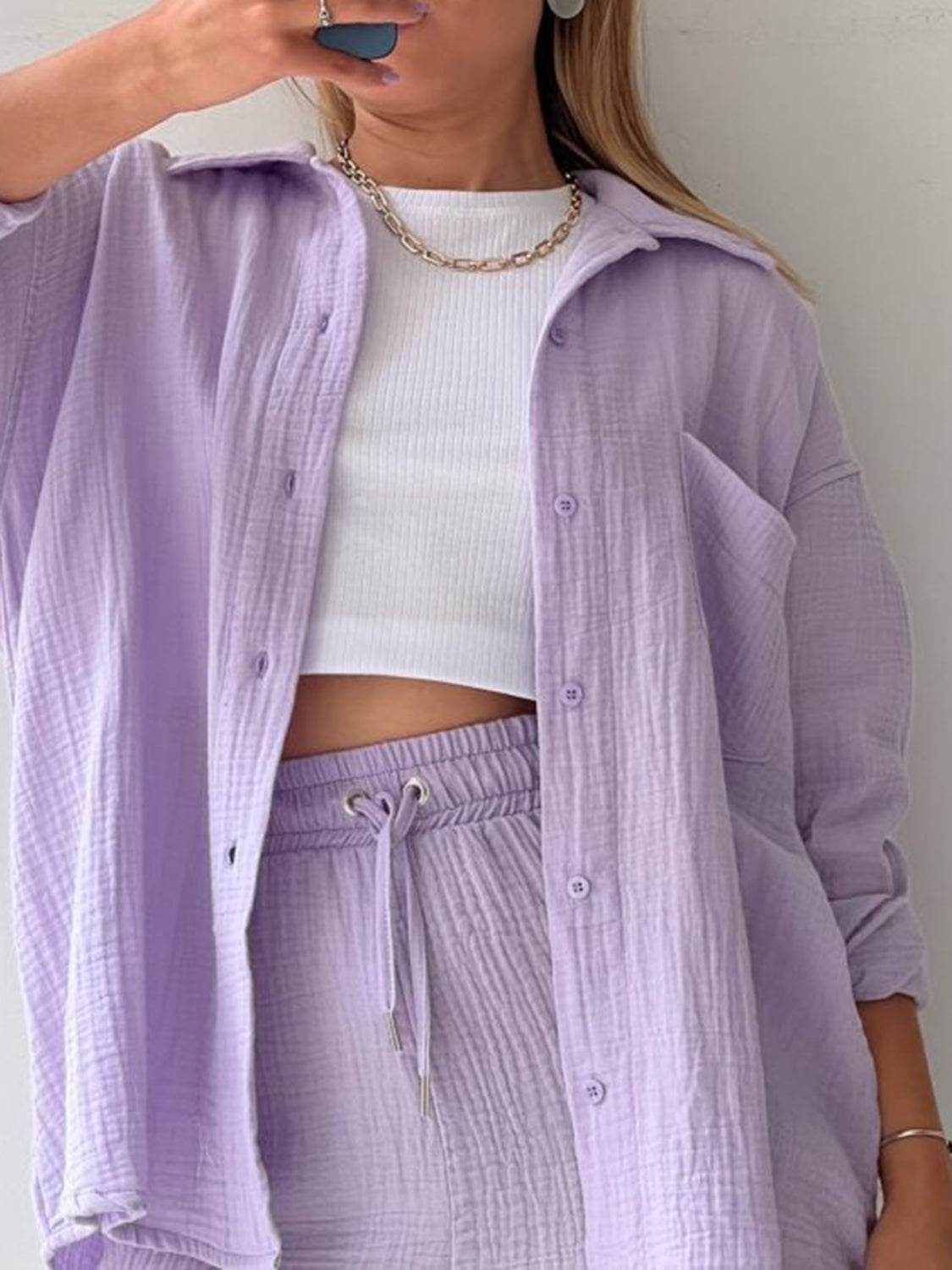 Texture Button Up Shirt and Drawstring Shorts Set Trandify deal