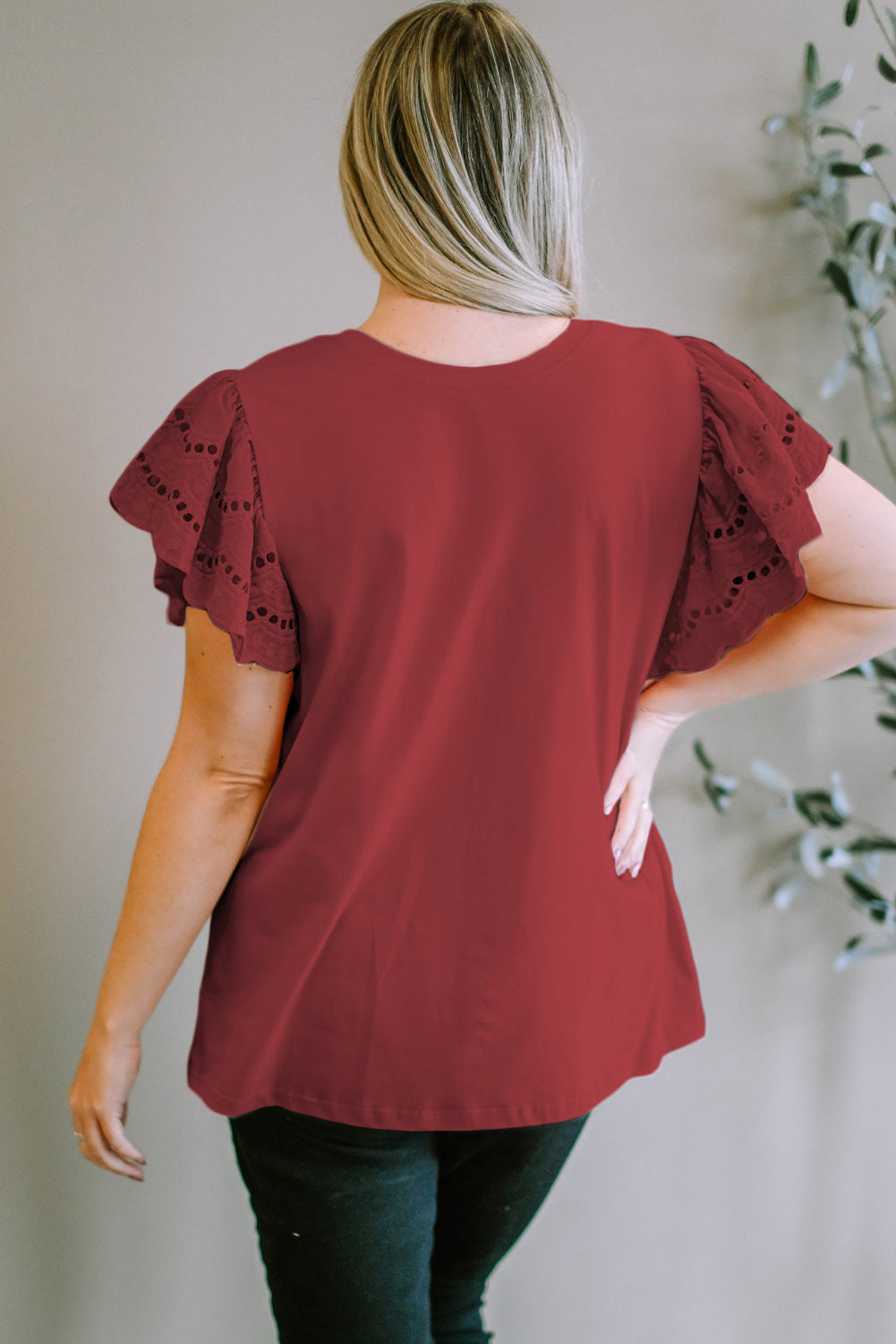 Plus Size Eyelet Round Neck Short Sleeve Blouse Trandify deal