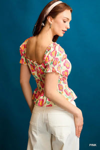 Women’s Floral Print Peplum Blouse – Smocked Waist & Puff Sleeves