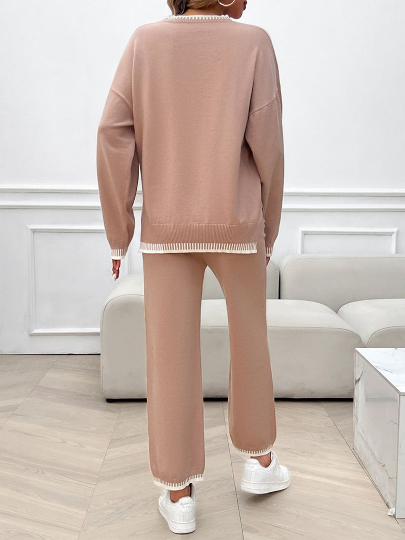Devine Round Neck Dropped Shoulder Top and Pants Sweater Set Trandify Deal