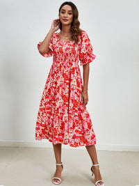 Smocked Floral Square Neck Short Sleeve Dress Trandify deal