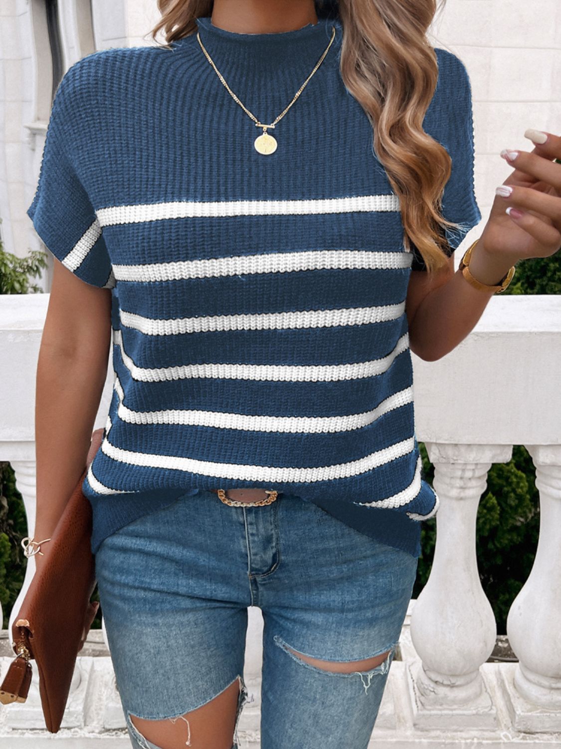 Devine Striped Mock Neck Short Sleeve Sweater Trandify deal