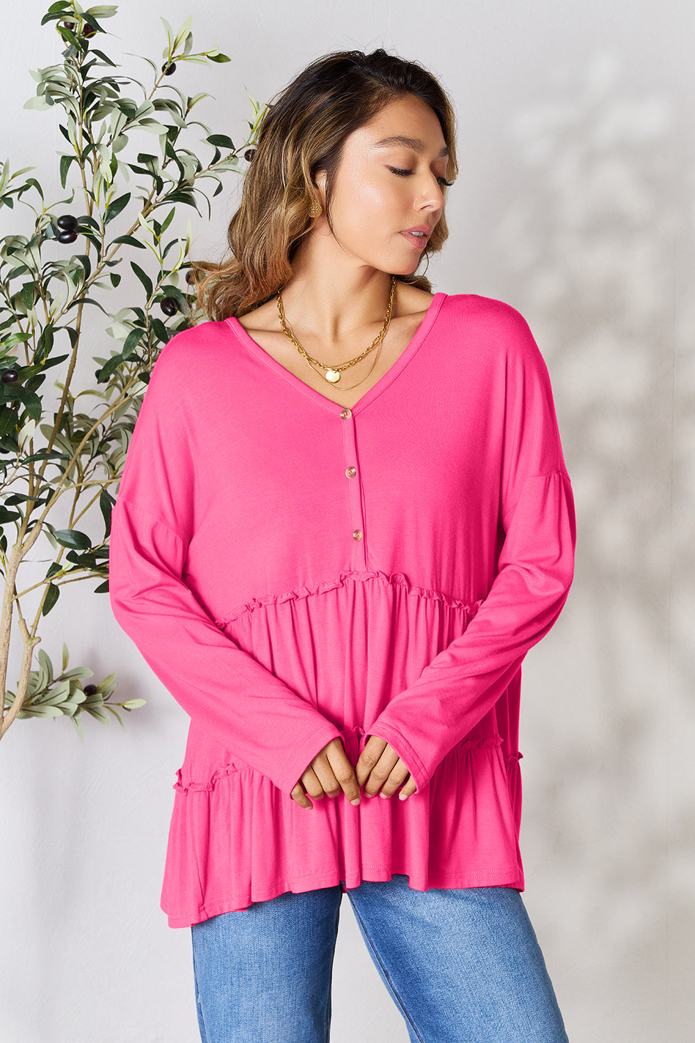 Double Take Half Button Long Sleeve Ruffle Hem Blouse Trandify Deal