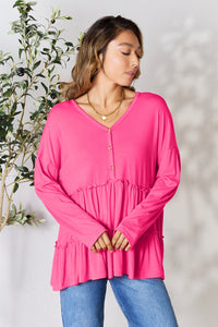 Double Take Half Button Long Sleeve Ruffle Hem Blouse Trandify Deal