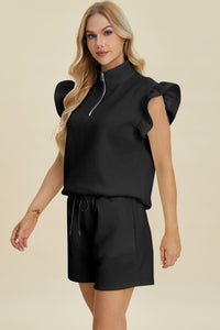 Double Take Texture Flounce Sleeve Top and Shorts Set - Trandify Deal