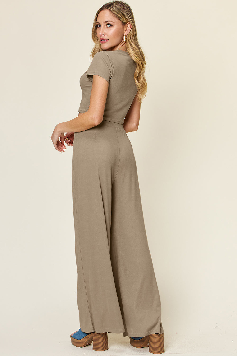 Double Take Full Size Round Neck Top and Pants Set Trandify deal