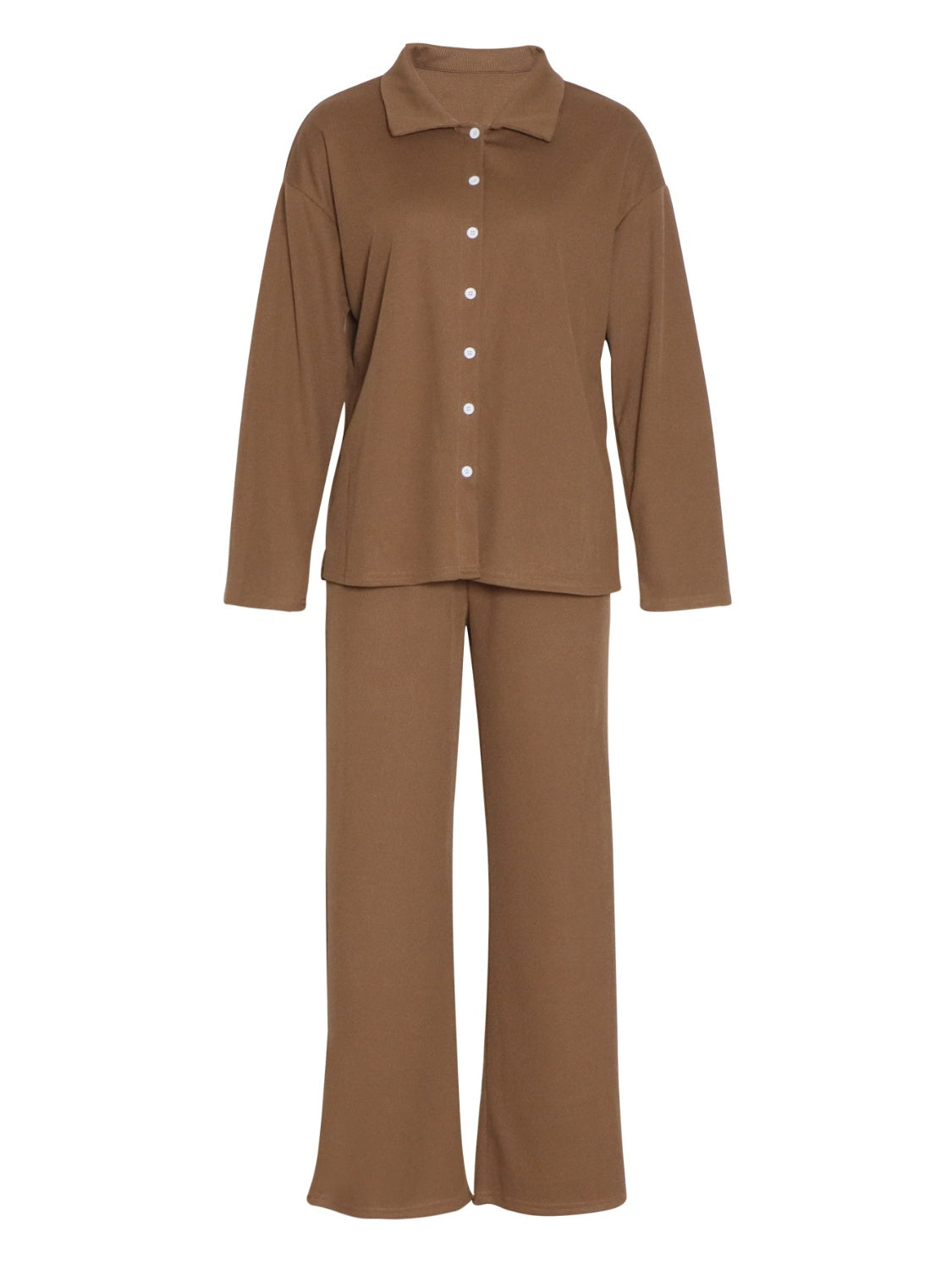 Collared Neck Long Sleeve Top and Drawstring Pants Set Trandify Deal