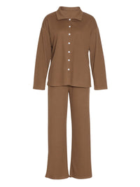 Collared Neck Long Sleeve Top and Drawstring Pants Set Trandify Deal
