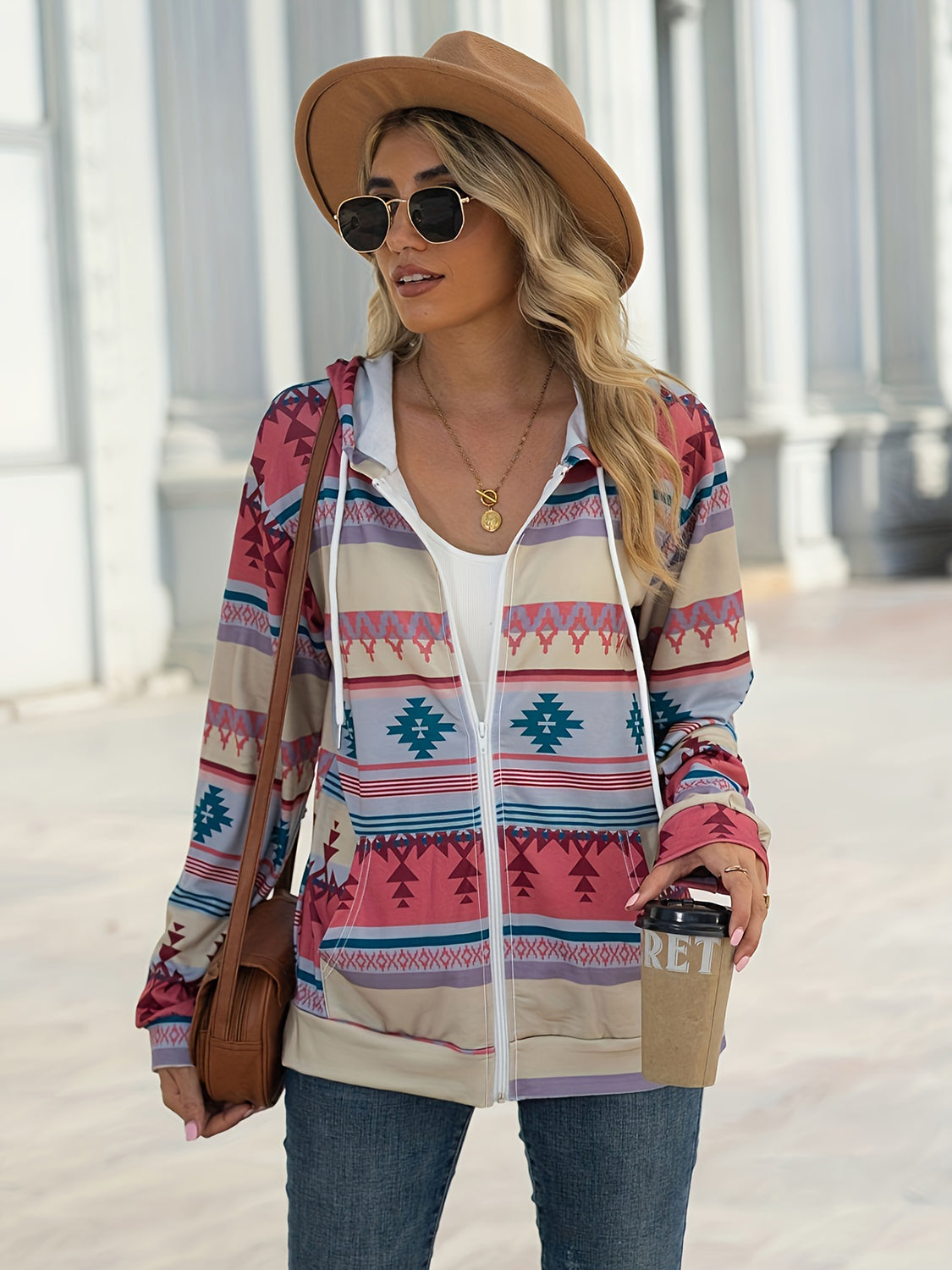 Geometric Zip Up Long Sleeve Hooded Jacket Trandify Deal