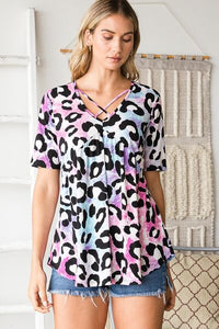 Plus Size Animal Print Babydoll Top – Crisscross Neck Boho Blouse for Women