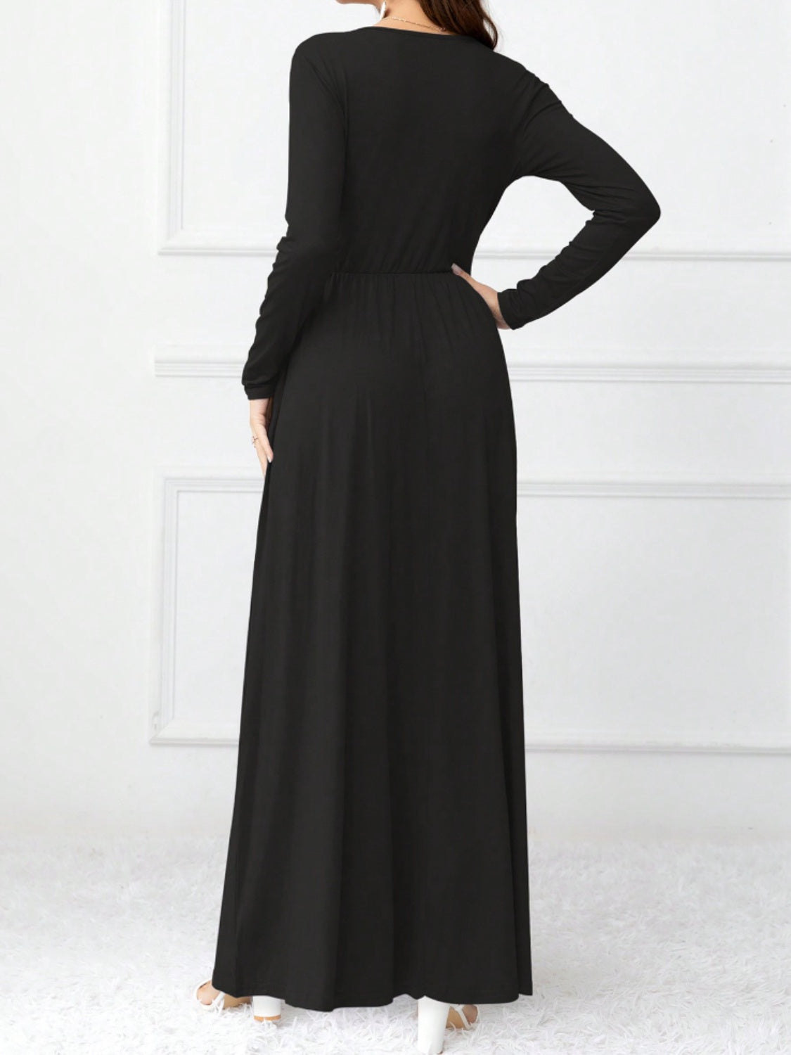 Pocketed Surplice Long Sleeve Maxi Dress Trandify Deal