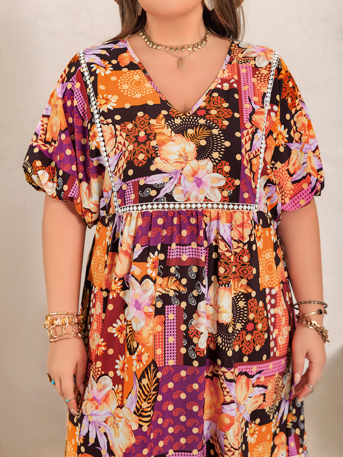 Plus Size Printed V-Neck Half Sleeve Maxi Dress Trandify Deal