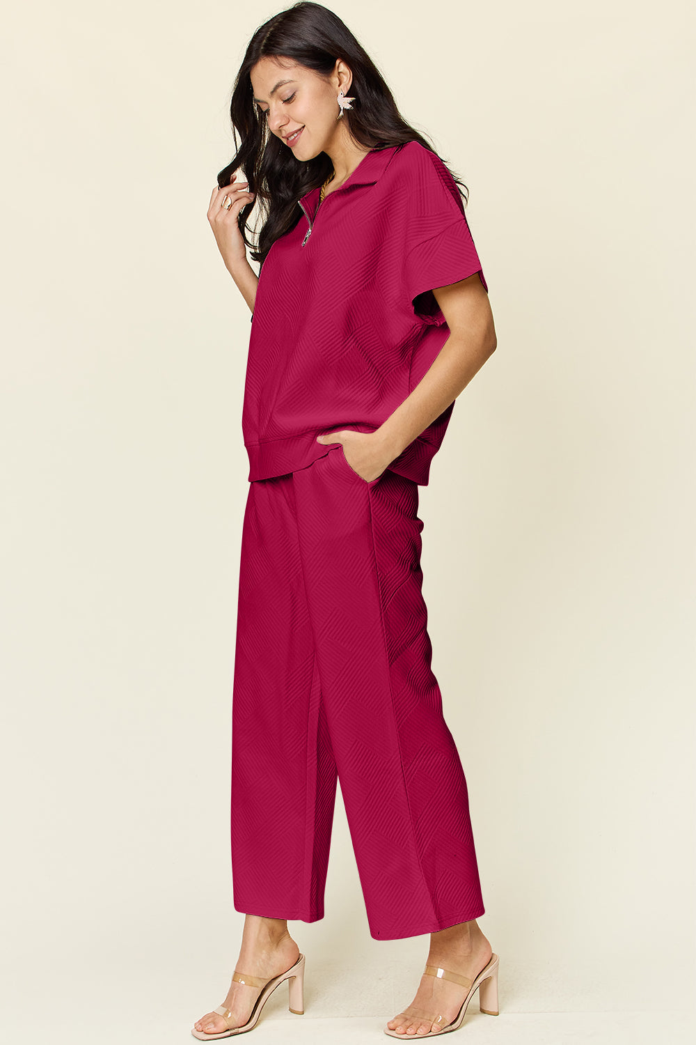 Double Take Full Size Texture Half Zip Short Sleeve Top and Pants Set Trandify Deal