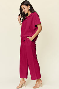 Double Take Full Size Texture Half Zip Short Sleeve Top and Pants Set Trandify Deal