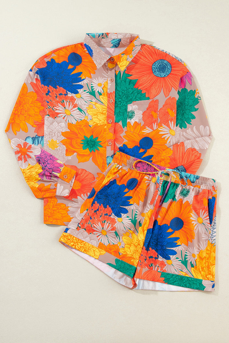 Printed Button Up Long Sleeve Top and Shorts Set Trandify Deal
