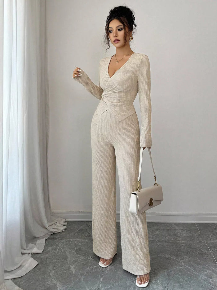 Metal Buckle Long Sleeve Two-Piece Set - Bow Detail