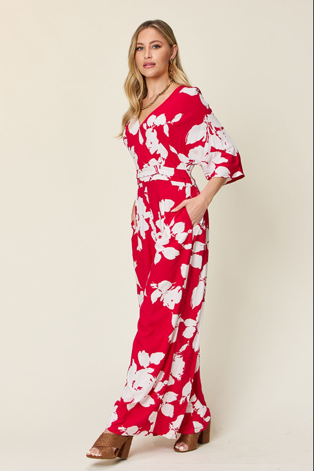 Double Take Full Size Printed Tie Back Wide Leg Jumpsuit Trandify deal