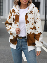 Fuzzy Drawstring Zip Up Hooded Jacket Trandify Deal