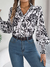 Printed Collared Neck Lantern Sleeve Shirt Trandify deal