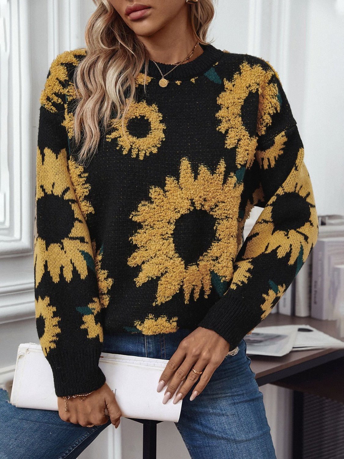 Sunflower Round Neck Long Sleeve Sweater Trandify Deal