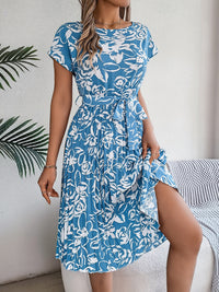Tied Pleated Printed Short Sleeve Dress Trandify deal