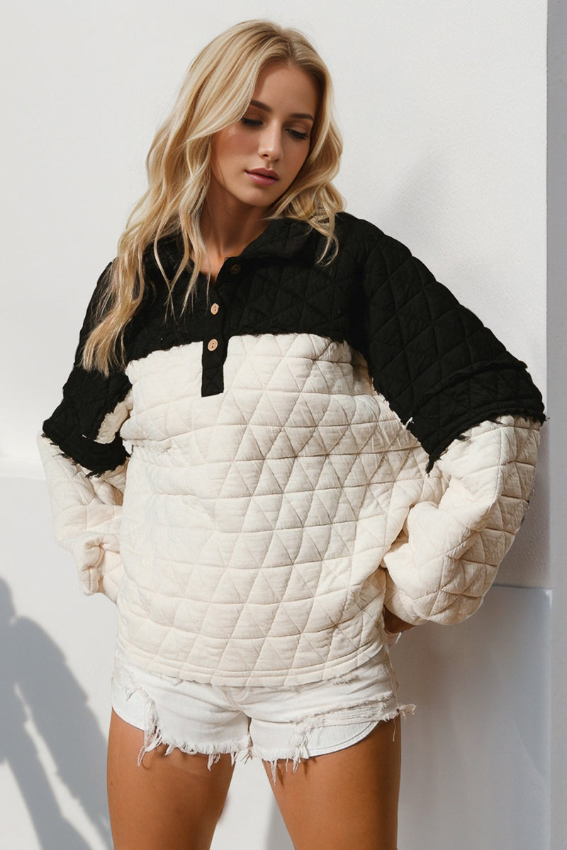 Double Take Quarter Button Contrast Long Sleeve Quilted Sweatshirt Trandify Deal