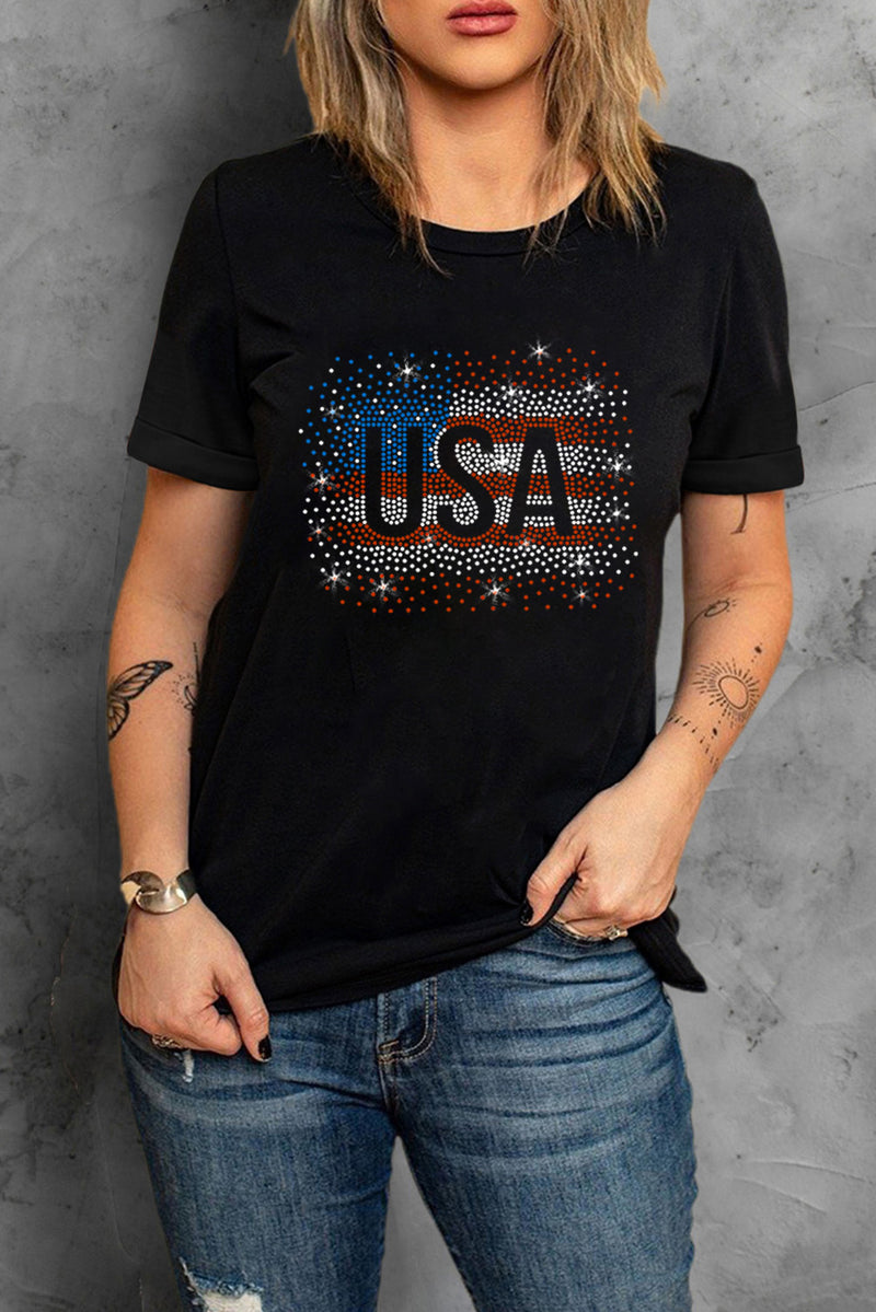 USA Rhinestone Round Neck Short Sleeve T-Shirt - Trandify Deal