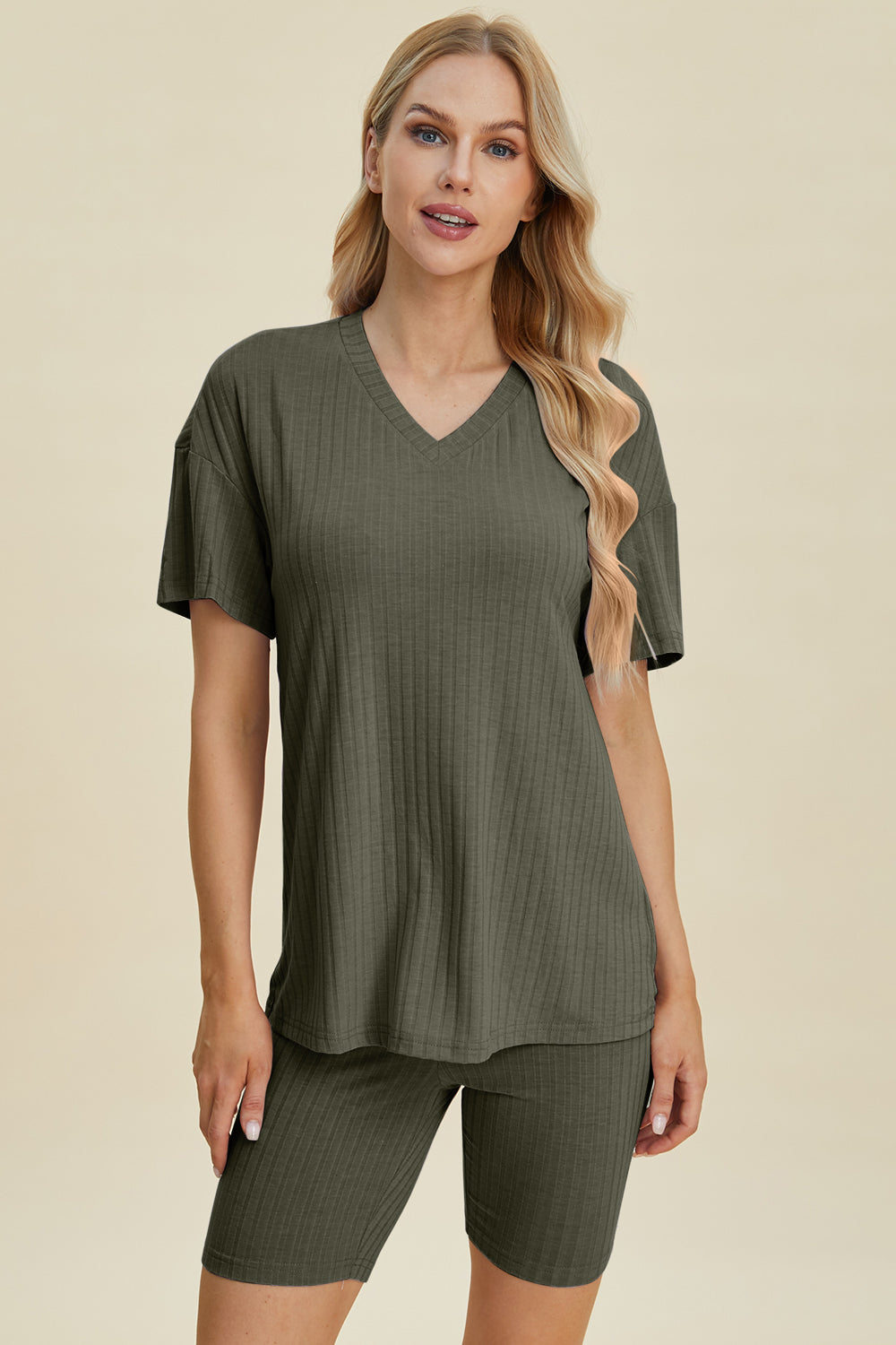 Basic Bae Full Size Ribbed V-Neck Short Sleeve Top and Shorts Set Trandify deal