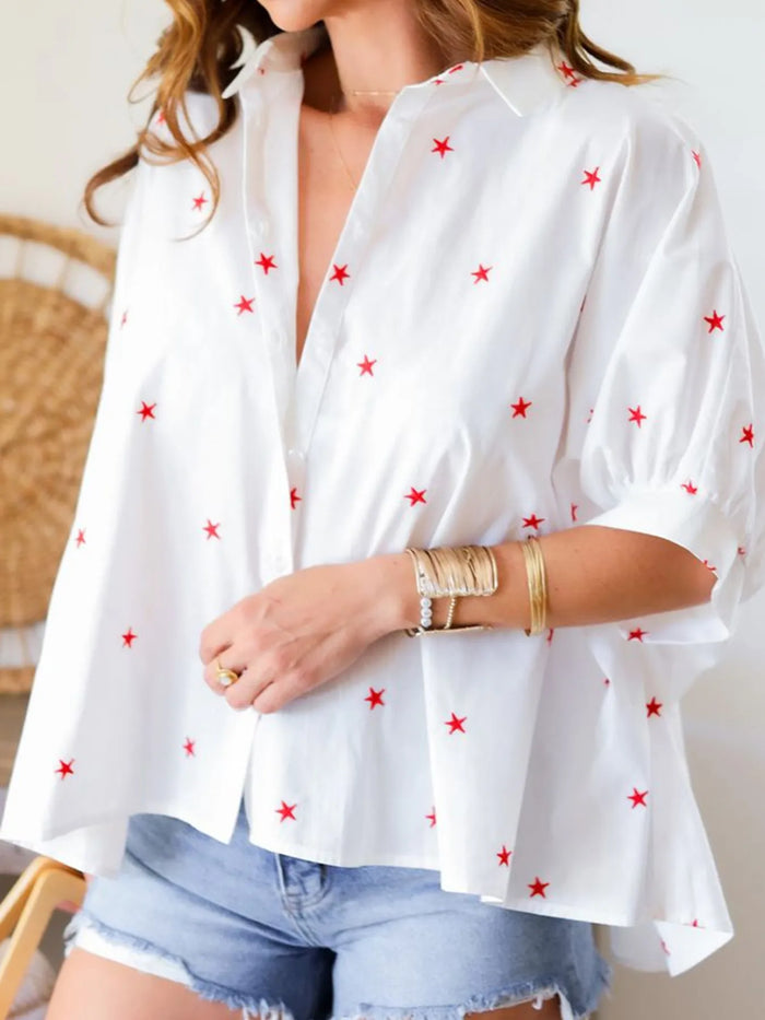 Women's Star Print Puff Sleeve Button-Up Shirt featuring cute red stars and stylish puff sleeves.