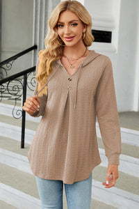 Decorative Button Drawstring Long Sleeve Hoodie Trendsi