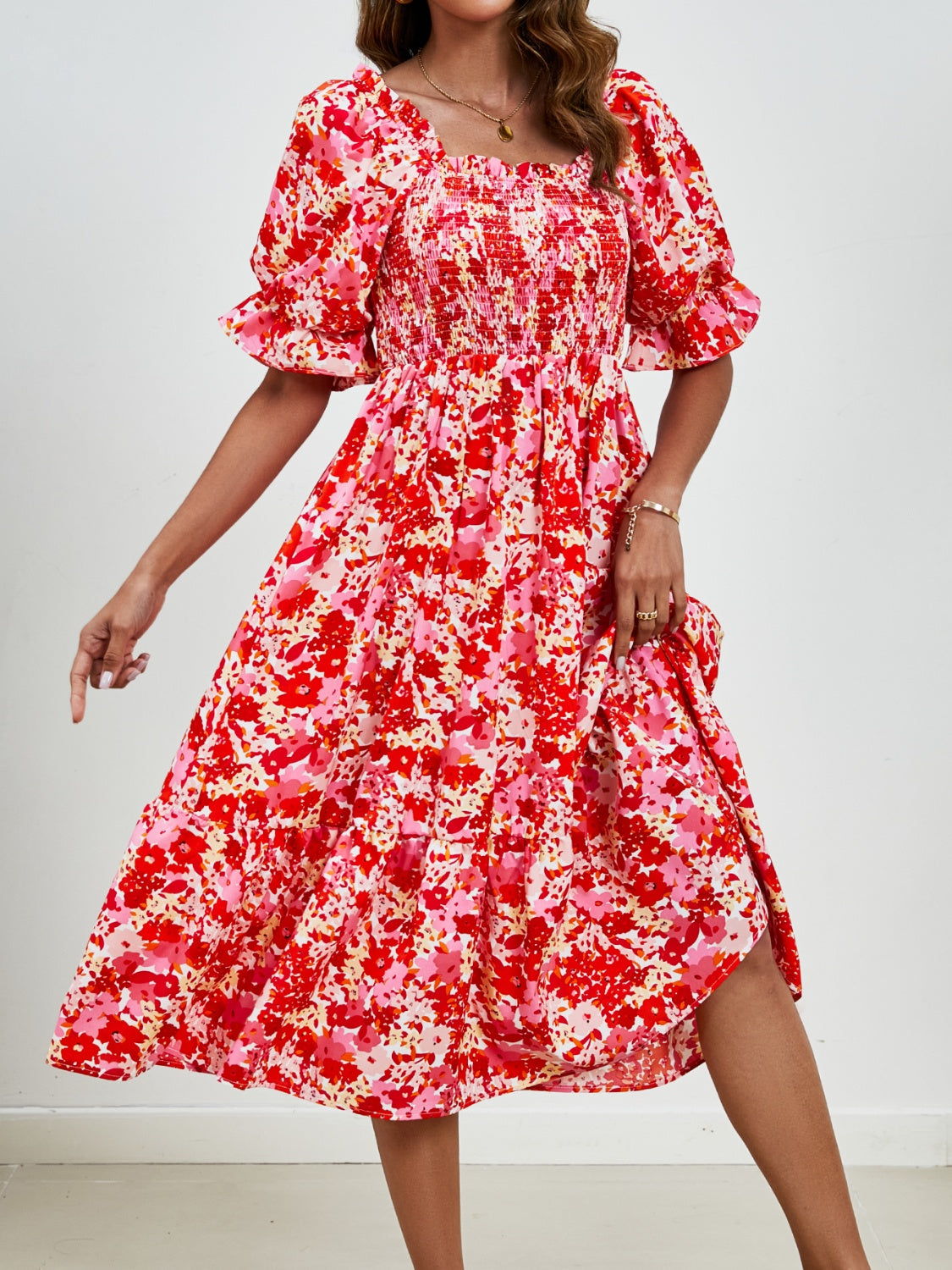 Smocked Floral Square Neck Short Sleeve Dress Trandify deal