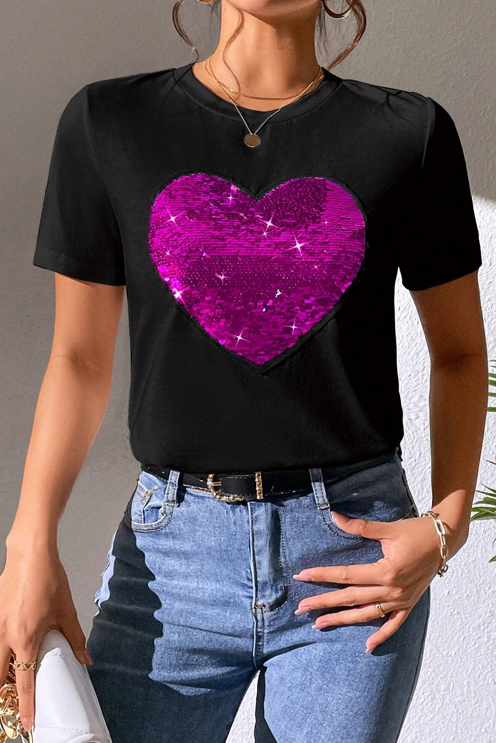 Heart Sequin Round Neck Short Sleeve T-Shirt - Trandify Deal