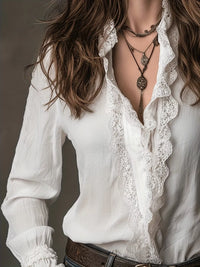 Lace Trim Button Up Shirt - Effortlessly Feminine