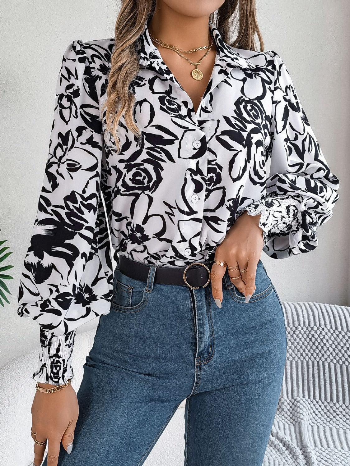 Printed Collared Neck Lantern Sleeve Shirt Trandify deal