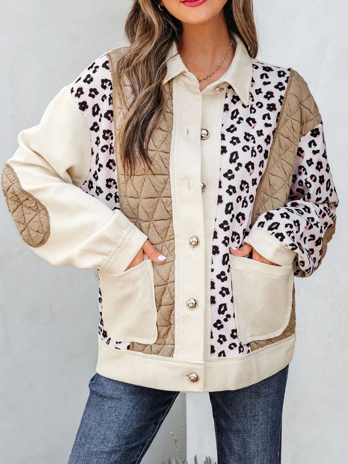 Leopard Print Quilted Jacket for Women - Cozy Waffle Textured