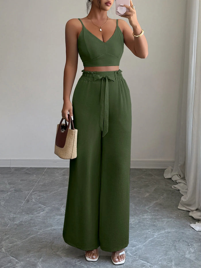 Women’s V-Neck Cami and Wide-Leg Pants Set – Boho Chic Summer Outfit