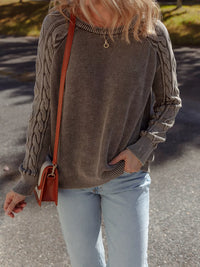 Women's beige cable knit cotton sweater casual crewneck pullover