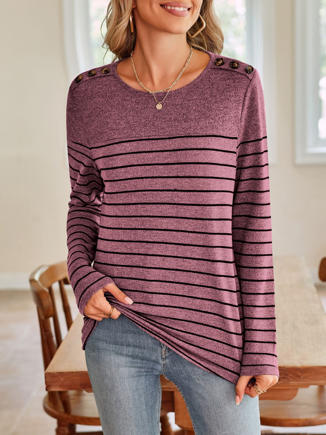 Lovelet Striped Round Neck Long Sleeve T-Shirt Trandify Deal