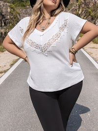 Plus Size Lace Detail V-Neck Short Sleeve Blouse Trandify deal