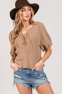 SAGE+FIG women’s lace-up crop top in waffle knit fabric, boho streetwear style, free shipping USA