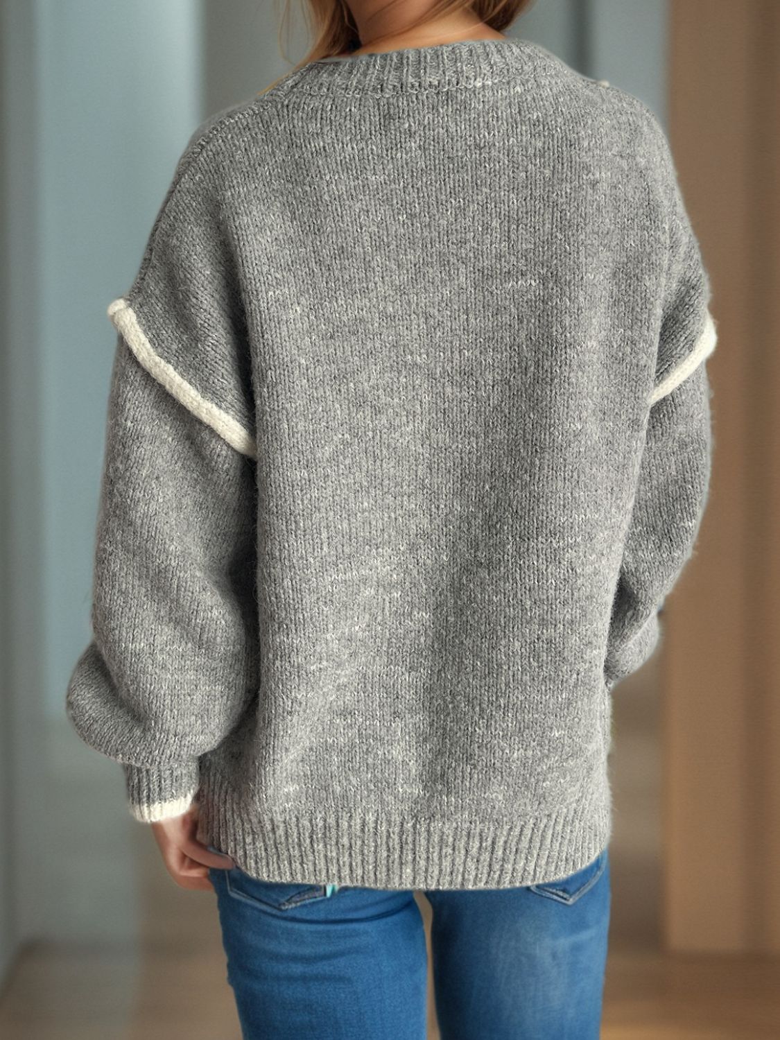 Contrast Trim Round Neck Dropped Shoulder Sweater Trandify Deal