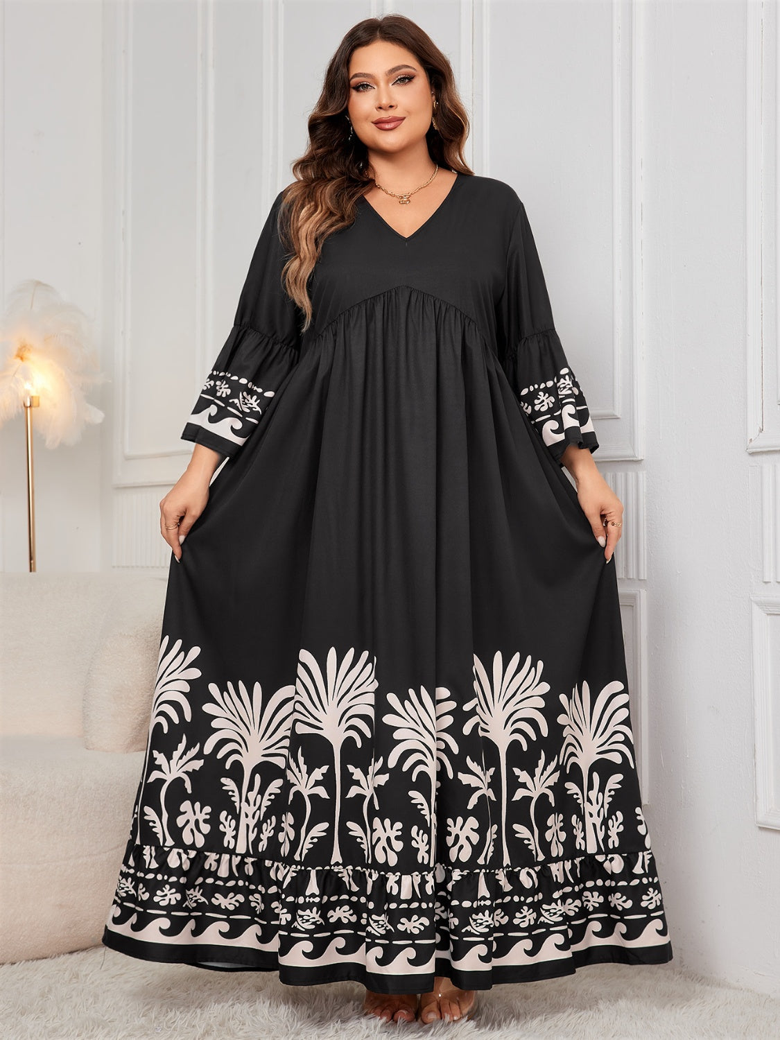 Plus Size Printed V-Neck Long Sleeve Maxi Dress Trandify Deal