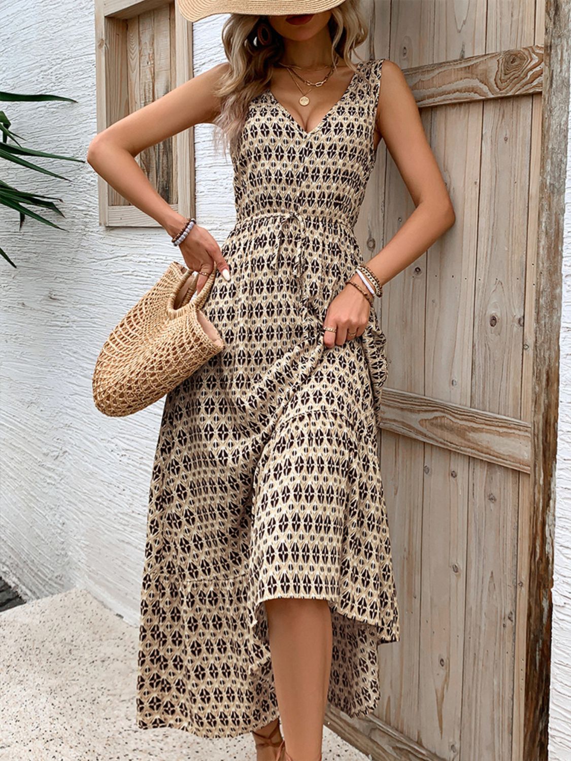 Perfee Printed V-Neck Tie Waist Midi Dress - Trandify Deal
