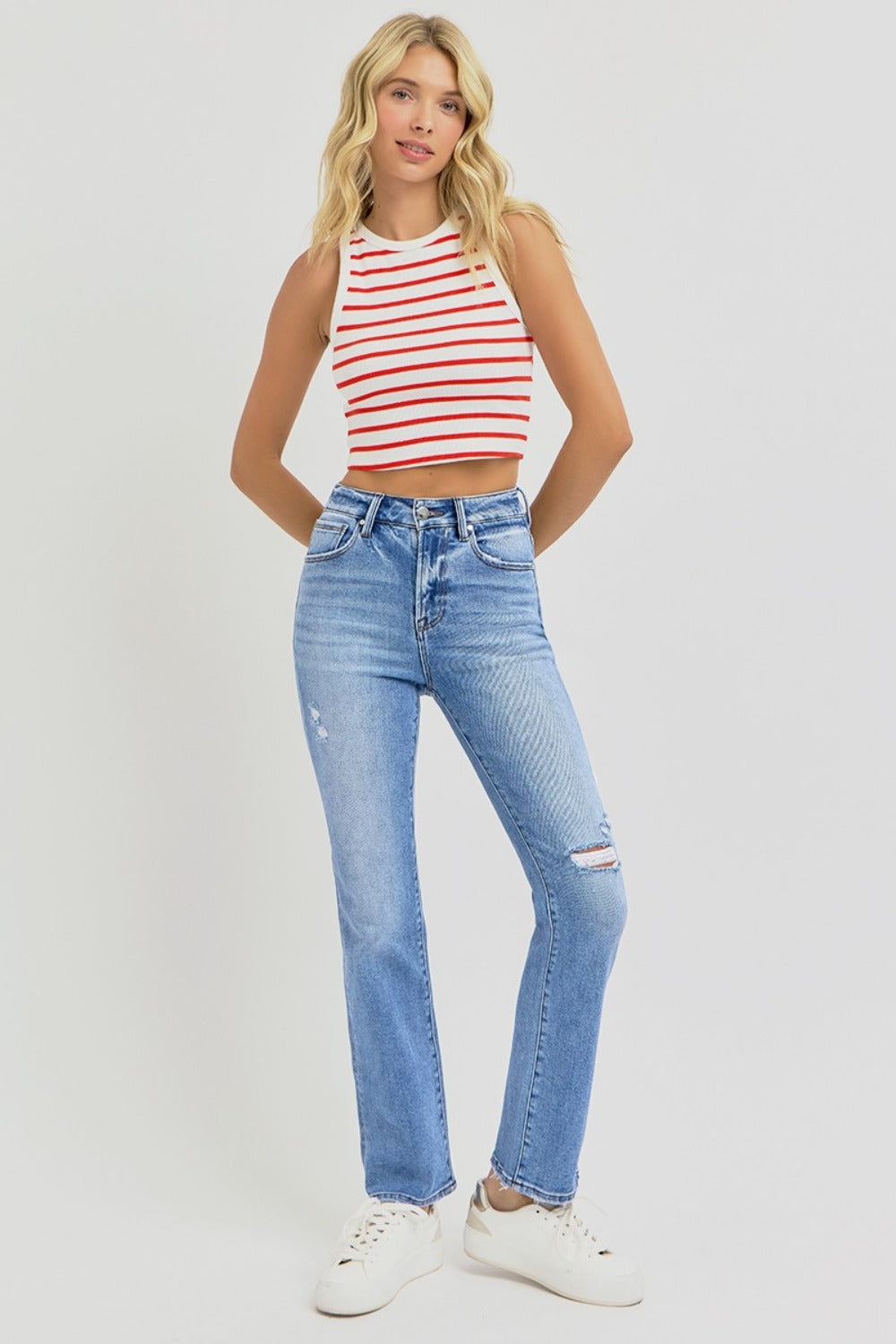 RISEN Full Size Distressed High-Rise Ankle Straight Jeans Trandify Deal
