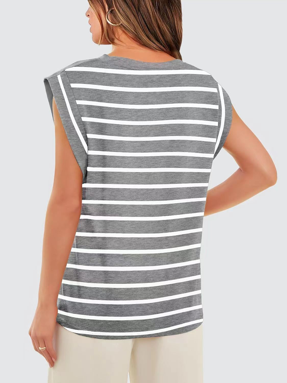 Striped Round Neck Cap Sleeve T-Shirt Trandify deal