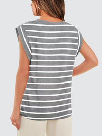 Striped Round Neck Cap Sleeve T-Shirt Trandify deal