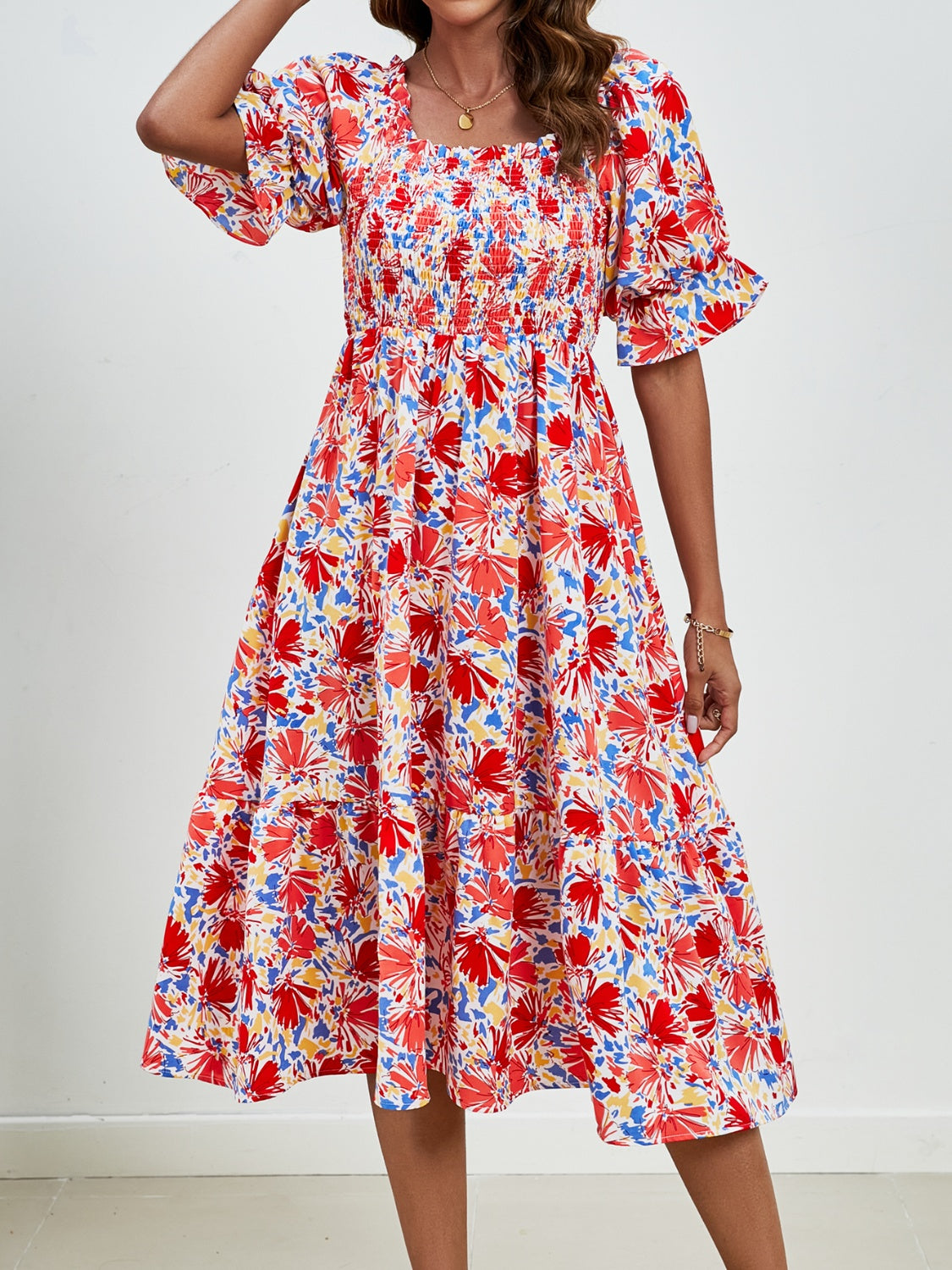 Smocked Floral Square Neck Short Sleeve Dress Trandify deal