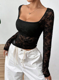 Square Neck Long Sleeve Lace Top Trandify Deal