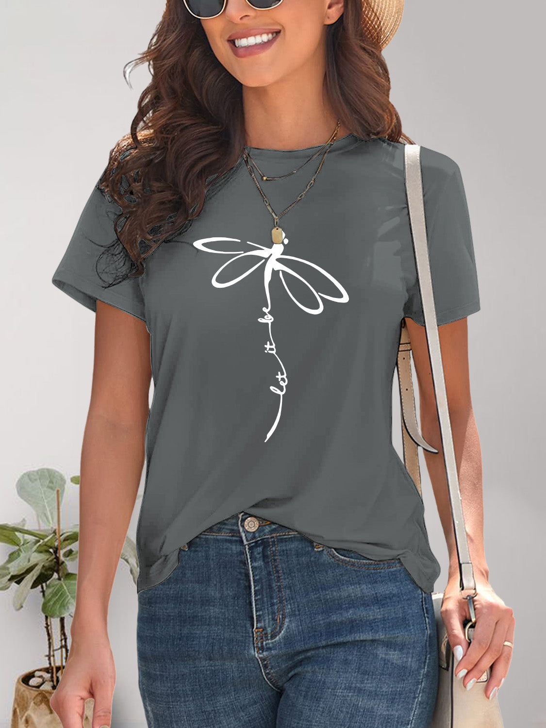 Dragonfly Graphic Round Neck Short Sleeve T-Shirt Trandify deal