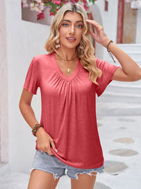 Double Take Ruched V-Neck Short Sleeve T-Shirt Trandify deal